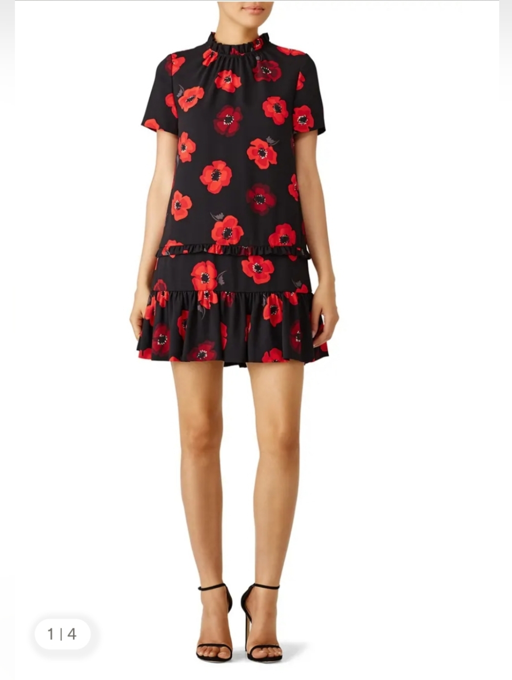 kate Spade Black Mini Dress with Red Floral Print and Ruffle Hem XS